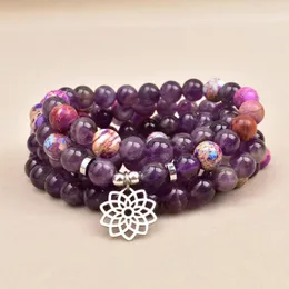 Pulseira elástica com miçangas de lótus de aço inoxidável e cristal roxo natural 108mala Jóias para ioga