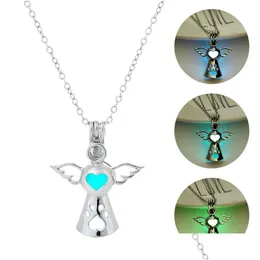 Pendant Necklaces Luxury Luminous Angel Wings Glow In The Dark Open Cage Locket Charm Chains For Women Men Fashion Jewelry Bk Drop D Dhlep