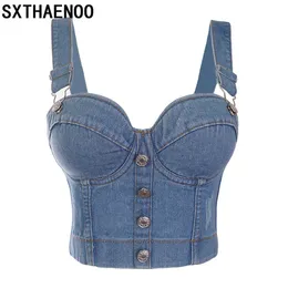 Vrouwen Tanks Camis SXTHAENOO Mode Sexy Denim Jeans vrouwen Knop Bustier Bh Night Club Party Cropped Top Vest plus Size 230705