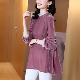 Camicette da donna Elegante Chic Ruffle Patchwork Vintage Rose Purple Pleuche Ladies Top T-shirt manica lunga allentata casual Abbigliamento B263