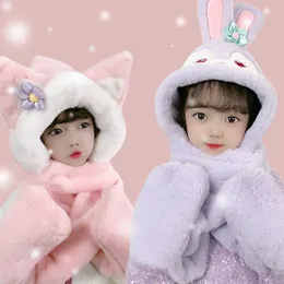 Boys and girls cute autumn and winter hats, scarf gloves, 3-piece set, plush outdoor hood, children's all-in-one hat