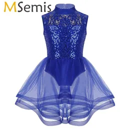 Girls Sequins Mesh Tutu Ballet Dresses Figure Ice Skating Dress Gymnastics Leotard Performance Competition Lyrical Dance Costume248k