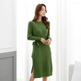 Casual Dresses 2023 Autumn Women Long Elegant Fashion Designer Clothes With Full Sleeve O-neck Knitted Pullover To Calf Causal Style