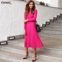 Basic Casual Dresses Luzuzi Elegant Party Pleated Sweater Dress Women Winter Autumn Pink Office Ladies Midi Knitted Vestido Sexy Slim Plus Size 230705