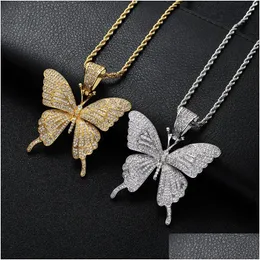 Pendant Necklaces Hip Hop Butterfly Shape Necklace For Men Women Iced Out Bling Animal Gold Sier Twisted Chain Hiphop Rapper Jewelry Dhkk9