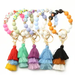 Silicone Bead Bracelet Bohemian Colorful Printing Beaded Bracelet Tassel Keychain Wrist Keychains