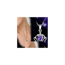 Pendant Necklaces Korean Womens Crown Queen Princess Purple White Crystal Diamond Charm Sier Plated Chain For Ladies Fashion Drop De Dhxdw