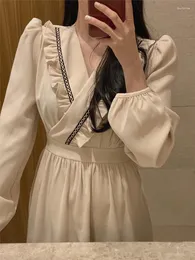 Casual Dresses Vintage Women Long Dress Korean Style Spring Full Sleeve V-neck Ruffle Trim Loose Female A-line Elegant