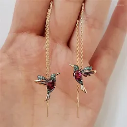 Kolczyki zwisają kolorowy ptak długi łańcuszek kobiety zwierząt koliber śliczny Elf Pendientes S925 srebrna igła Boho biżuteria w stylu Vintage