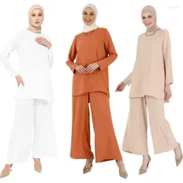Etnik Giyim Moda Kıyafetleri Eid Müslüman Uzun Kol Üstleri Geniş Bacak Pantolon Setleri Kadınlar için Solid Abaya Dubai Arap İslami Takım Türkiye Kaftan