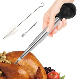 BBQ Grills Stainless Steel Turkey Baster Syringe Rubber Bulb Manual Pump Injector With Needle And Cleaning Brush Home Baking Kitchen Tool 230706