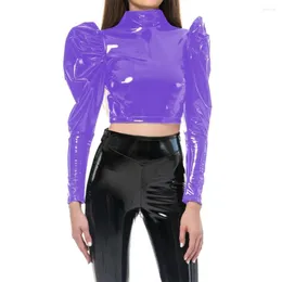 Damen-T-Shirts, modisches Damen-Top aus künstlichem Latex, geschwollene Langarmbluse, sexy Moto-Girls-Ernte, glänzendes PVC, hoher Halsausschnitt, Reißverschluss hinten, T-Shirt-Oberteile