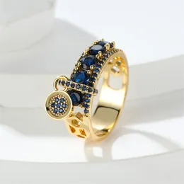 結婚指輪ヴィンテージロイヤルブルーストーンリングイエローゴールドカラーの高級女性の結婚指輪女性のためのラウンドダングルリング婚約ジュエリーギフト 230706
