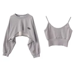 Womens Hoodies Sweatshirts Fashion Asymmetrical Cropped Camis Sweatshirt 2 Piece Casual Solid Long Sleeve Female Pullovers Chic Tops 230705