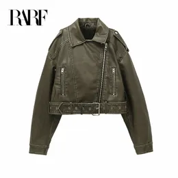 Women's Jackets RARF style Women's washed leather jacket with belt short coat with downgraded zipper and vintage lapel jacket 230705