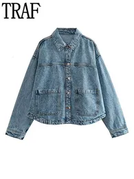 Kurtki damskie TRAF Denim Bomber Jacket Women Blue Jeans Kurtki damskie z długim rękawem Oversize Kurtki damskie Y2K Streetwear Women Jacket 230705