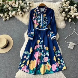 Fritidsklänningar Mode Court French Print Dress Dam Spring Lapel Långärmade Eleganta Kläder Vestidos De Verano Mujer K187