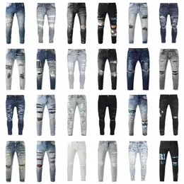 Haftowane jeansy motocyklowe dla mężczyzn - Designer Denim z podartym patchworkiem, modny styl dla entuzjastów motocykli b1jq#