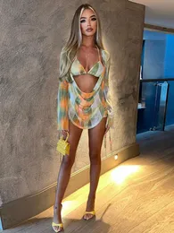 Two Piece Dress Townlike Sexy 3 Pieces Set Women Long Sleeve Crop Top And Mini Skirts And Bra Slim Three Piece Set Spring Summer Outfits 230705