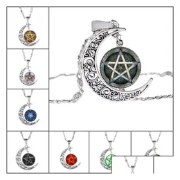 Pendant Necklaces New Five-Pointed Star Hollow Moon Cabochons Glass Moonstone Pentagram Necklace For Women Men Witchcraft Jewelry Dr Dhvx7
