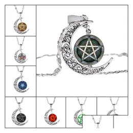 Wisiorek naszyjniki nowy pięcioramienna gwiazda Hollow księżyc Cabochons szklany kamień księżycowy Pentagram naszyjnik dla kobiet mężczyzn czary biżuteria Dr Dhvx7