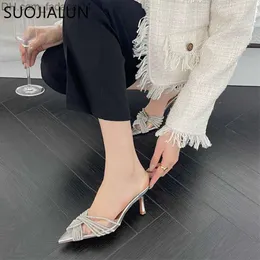 Dress Shoes SUOJIALUN 2023 Spring New Pointed Toe Women's Sandals Thin High Heels Women's Fashion Crystal Bow Tie Dress Party Pump Shoes Z230710