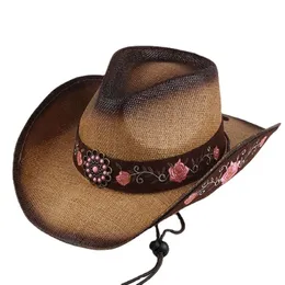 Handmade Straw Weaving Embroidery Floral Western Cowboy Hats For Men Women Men Summer Breathable Cowgirl Beach Sun Hat