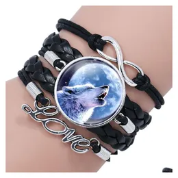 Berlockarmband New Wolf And Fl Moon Läder Flätat Wrap Armband För Kvinnor Män Glas Love Infinity Cabochon Armband Mode Diy Jew Dhd25