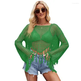 Damtröjor 2023 Vår sommar Tunna stickade plagg Hollow Out Pullover Stickad Dam Beach Cover Ups Tofs Sexiga strandkläder Bar Midriff Kort