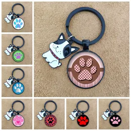 Cute Animal Paw Print Glass Pendant Keychain I Love Cat Dog Pendant Key Ring Lovely Dog Print Chain Girl Favorite Gift