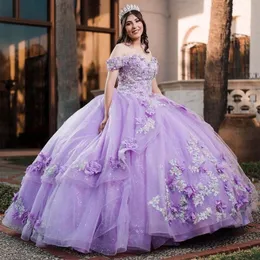 3D floral apliques princesa vestidos de quinceañera fuera del hombro vestido de bola lila dulce 16 vestido flores encaje lujo baile ocasión especial desgaste para niñas