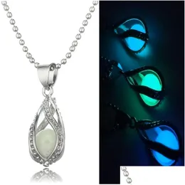 Lockets New Glow In The Dark Pearl Cage Pendant Necklaces Open Hollow Luminous Water Drop Charm Locket Bead Chain For Women S Fashio Dhxse