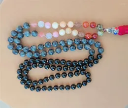 Chains 8mm Black Agate Seven Color Chakra 108 Beads Tassel Knotted Necklace Colorful Lucky Classic Fancy Wristband Cuff Buddhism