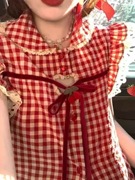 Damblusar Röd Pläd Lolita Kawaii Blus Dam Flygärm Japanska söta eleganta skjortor Kvinnliga Spets Koreanska Fritidskläder Sommar