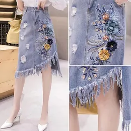 Skirts Fashion Denim Skirt 2023 Summer High Waist Applique Irregular Mid-length Tassel Fur Trim Casual Womens Clothing Faldas