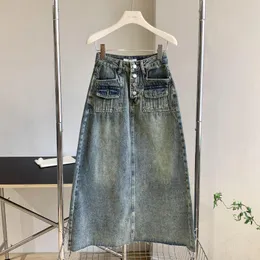 التنانير الرجعية Maxi Long Women Denim تنورة طويلة تبييض الجينز الأزرق 90s خمر