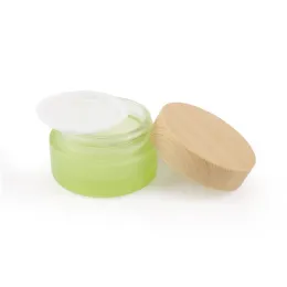 Quality Frosted Green Glass Bottle Cream Jar Spray Lotion Pump Bottles Cosmetic Container 20ml 30ml 40ml 60ml 80ml 100ml 120ml with Imitated Wooden Lids