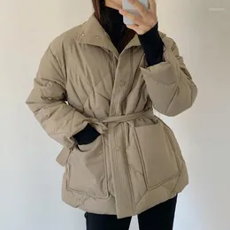 Trench da donna 2023 Cappotto invernale con collo alla coreana in stile coreano per le donne Chic Bandage Monopetto in cotone Giacche Casual Solid Warm