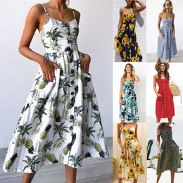 Abiti casual 2023 Stampa floreale vintage Midi Sunspess Female Pulsante Donte a strisce a strisce senza dot Summer Boho Sexy Beach