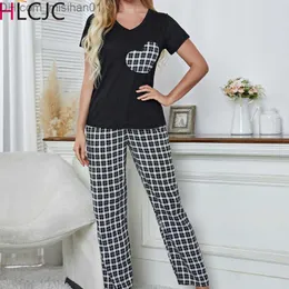 Damen Sleep Lounge S-XL Sommer und Frühling Damen Pyjama Set Kurzarm V-Ausschnitt Top und Hose 2 Stück Flacher Pyjama Schlafanzug Z230707