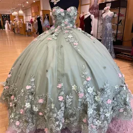 Mint Green Shiny Princess QuinCeanera Dresses 2024 Applices 3DFLOWER LACE-UP CORSET OFF AUDLY VESTIDOS DE 15 ANOS