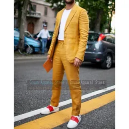 Мужские костюмы Blazers Custom Made Gold Linen Suit 2 штуки Slim Fit Summer Streetwear Men Blazer Формальная классическая деловая куртка наряд 230705