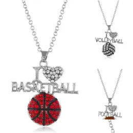 Naszyjniki z wisiorkami kocham koszykówkę siatkówkę piłka nożna dla kobiet kształt kryształowej kuli Rugby łańcuchy moda miłośnik sportu biżuteria prezent Dhyms