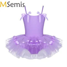 Vestuário de palco MSemis Collants de balé Tutu Saia Bailarina Dancewear Sem Mangas Laço Criança Meninas Criança Roupas Ginástica Dre205o