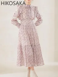 Vestidos informales de primavera 2023 para mujer, Túnicas de manga larga con estampado Floral Vintage y volantes, Vestidos plisados de cintura alta con lazo japonés