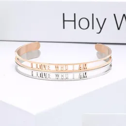 Cuff 6Mm Stainless Steel Inspirational Bangle I Love Who Am Hollow Letter Open Bracelets For Women Personalized Jewelry Drop Delivery Dhyab