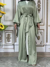 Ethnic Clothing Ramadan Eid Djellaba Lantern Sleeve Muslim Dress Dubai Fashion Silky Abaya Robes Islam Robe With Belt WY1313
