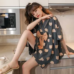 Women's Sleep Lounge Japan Summer Sweet kimono Women's Short Sleep Tops Shorts pajamas set Ladies Cute home clothes Sleepwear pyjama pour femme 2022