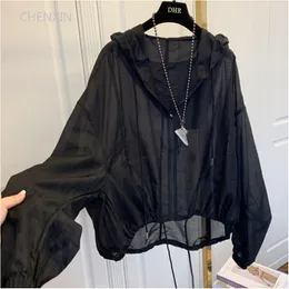 Women's Jackets Jackets Women Hooded Summer Sun-proof Zipper Coats Thin Loose See Through Outerwear Breathable Outwear Lightweight Clothes Black 230705