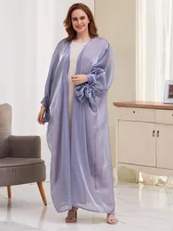 ملابس عرقية Siskakia Bubble Sleeve Kimono Abaya فستان للنساء صيف 2023 رقيقة ساطعة الحرير موجز الصلبة من خلال الجبهة المفتوحة رداء